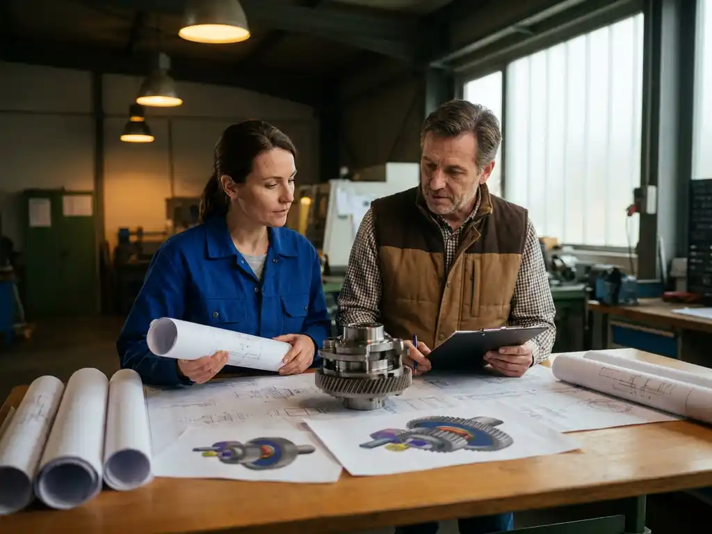 Werktuigbouwkundige en projectmanager overleggen aan tekentafel met 3D CAD-prints en technische assemblagetekeningen in industriële omgeving.