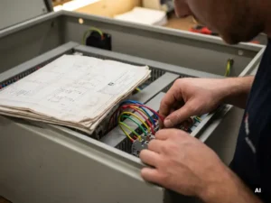 Technicus sluit kleurgecodeerde bedrading aan op industrieel schakelkast, met EPLAN-bekabelingsschema opengeslagen op de kast.