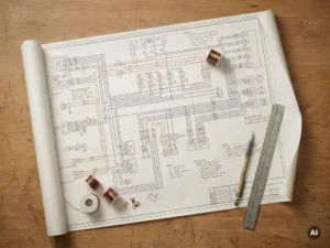 Elektrisch schema op tekentafel met mechanisch potlood en liniaal, kopergekleurde bedradingssymbolen zichtbaar op blauwdruk.