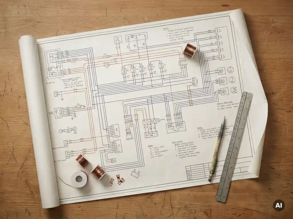 Elektrisch schema op tekentafel met mechanisch potlood en liniaal, kopergekleurde bedradingssymbolen zichtbaar op blauwdruk.