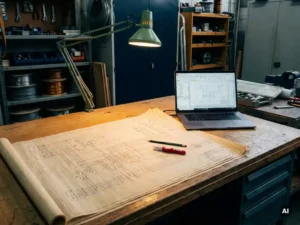 Onafgewerkt elektrisch schema op een technische tekentafel met potlood, rode correctiepen en laptop met EPLAN-software.
