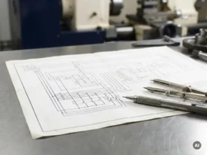 Elektrisch schema op wit technisch papier met mechanisch potlood en passer op stalen tekentafel, industriële componenten op achtergrond.
