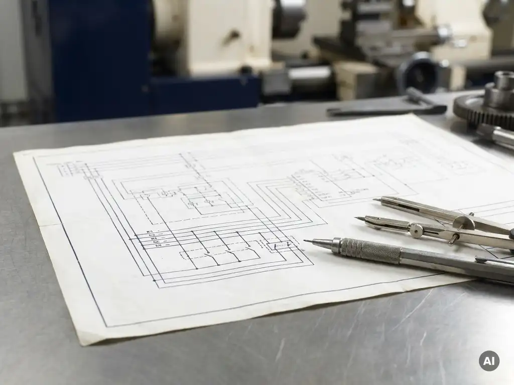 Elektrisch schema op wit technisch papier met mechanisch potlood en passer op stalen tekentafel, industriële componenten op achtergrond.