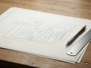 Elektrisch schema op technisch papier op een tekentafel, met een mechanisch potlood en stalen liniaal ernaast.