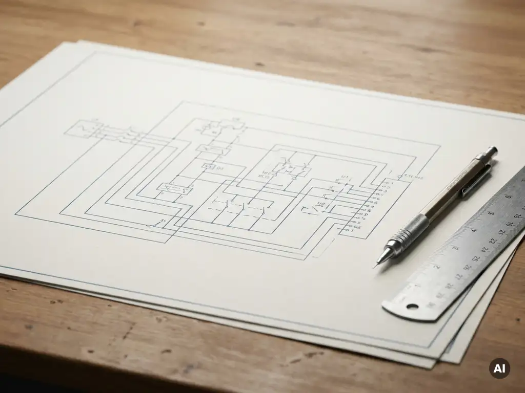 Elektrisch schema op technisch papier op een tekentafel, met een mechanisch potlood en stalen liniaal ernaast.