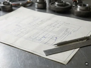 Elektrisch machineschema op tekenpapier met mechanisch potlood en metalen liniaal op stalen bureau.