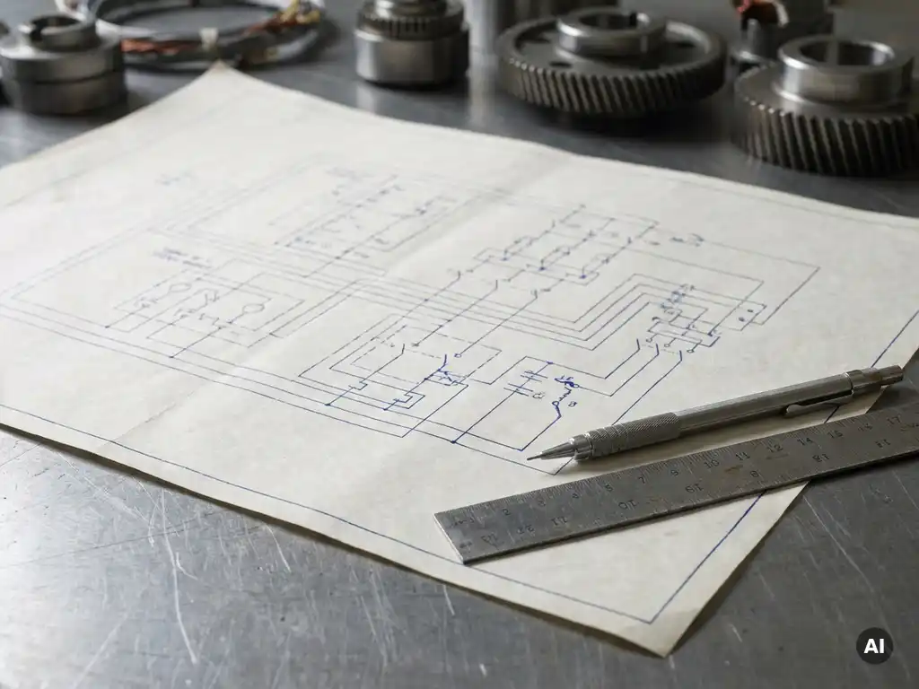 Elektrisch machineschema op tekenpapier met mechanisch potlood en metalen liniaal op stalen bureau.