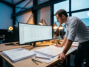 Elektrotechnisch ingenieur bestudeert bedradingsschema's op monitor met EPLAN-software, printdiagrammen op technisch bureau.