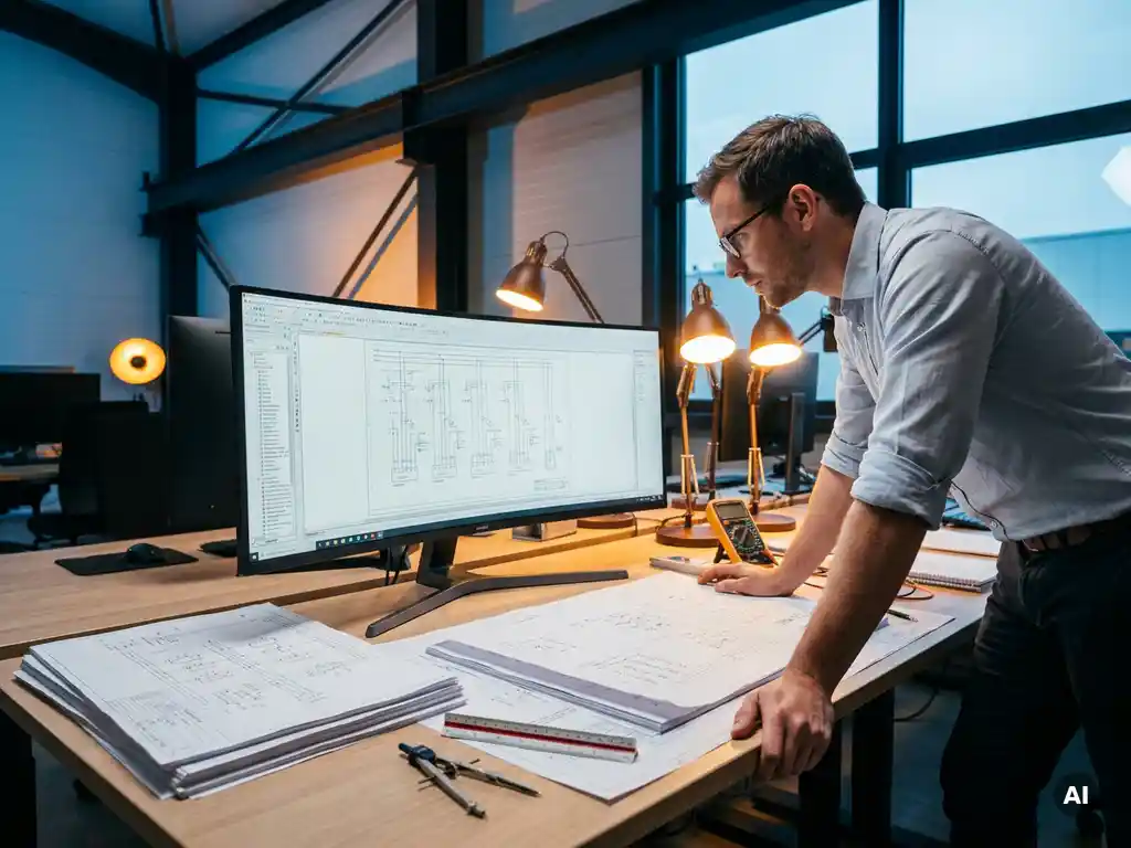 Elektrotechnisch ingenieur bestudeert bedradingsschema's op monitor met EPLAN-software, printdiagrammen op technisch bureau.