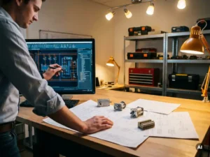 Werktuigbouwkundig ingenieur werkt aan EPLAN schakelschema's op professioneel monitor, elektrische bekabelingstekeningen op tekenplank, industriële connectoren nabij.