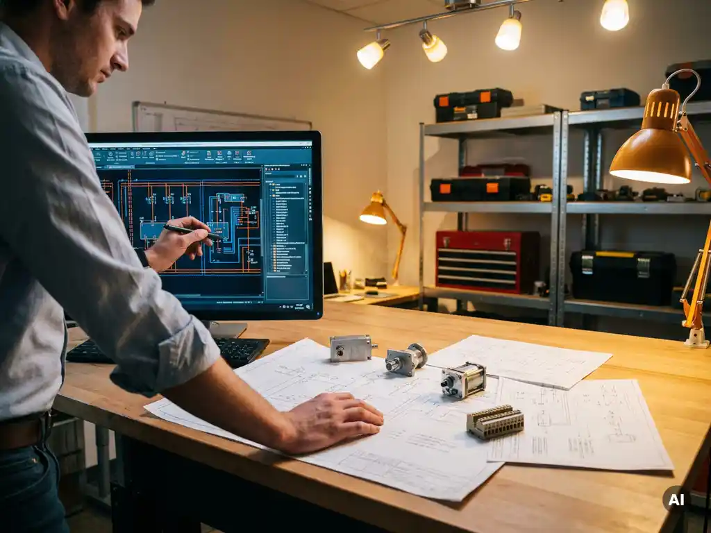Werktuigbouwkundig ingenieur werkt aan EPLAN schakelschema's op professioneel monitor, elektrische bekabelingstekeningen op tekenplank, industriële connectoren nabij.