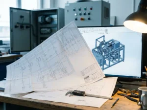 Schuifmaat liggend op EPLAN-schakelschema en 3D CAD-tekening op werkstation van werktuigbouwkundig ingenieur.