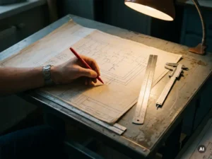 Werktuigbouwkundige die correcties aanbrengt op een elektrisch schema met rode pen, liniaal en schuifmaat op stalen tekentafel.