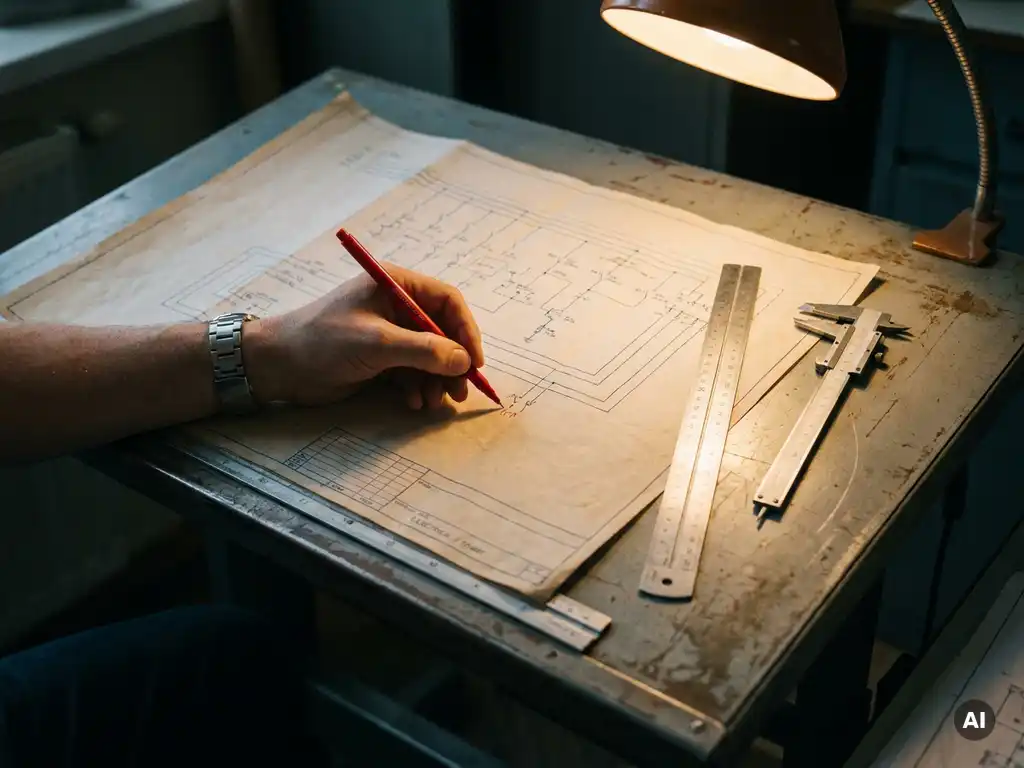 Werktuigbouwkundige die correcties aanbrengt op een elektrisch schema met rode pen, liniaal en schuifmaat op stalen tekentafel.