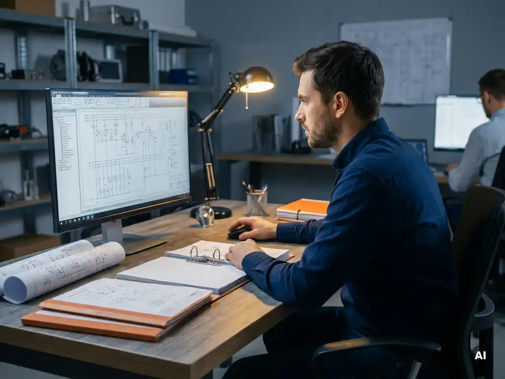 Werktuigbouwkundig ingenieur bestudeert EPLAN elektrische schakelschema's op monitor, met printschema's en specificatiemappen op industrieel bureau.
