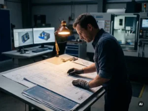 Werktuigbouwkundig ingenieur bestudeert EPLAN elektrisch schema op tekentafel, met CAD-software op werkstation op de achtergrond.