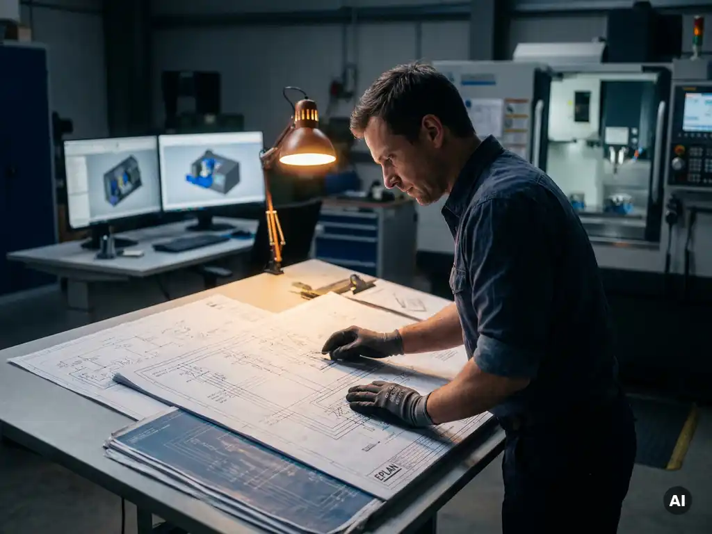 Werktuigbouwkundig ingenieur bestudeert EPLAN elektrisch schema op tekentafel, met CAD-software op werkstation op de achtergrond.