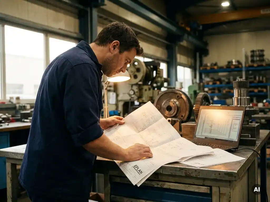 Werktuigbouwkundig ingenieur bestudeert EPLAN elektrische schema's op technische tekeningen naast laptop met bedradingsdiagrammen in industriële werkplaats.