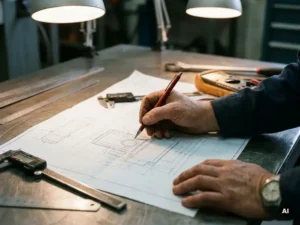 Ingenieur traceert circuitpaden op een elektrisch schema met een rode pen, meetgereedschap op stalen werkbank.