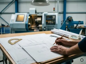 Ingenieurshanden bestuderen een elektrisch schema op een tekentafel, omringd door precisietools en technische tekeningen, industriële machine op achtergrond.