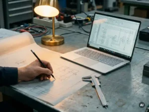 Ingenieur schetst elektrische schakelschema-symbolen op tekenpapier naast laptop met EPLAN-bedradingsdiagram en precisie schuifmaat.