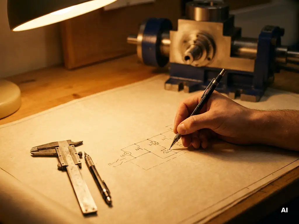 Hand die elektrische schakelschema's tekent op technisch tekenpapier, met schuifmaat en potlood op warme verlichte werktafel.