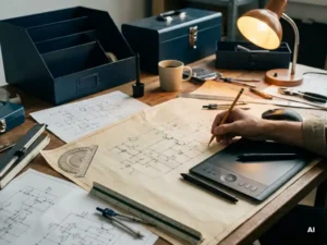 Hand van een werktuigbouwkundig ingenieur die elektrische schematische symbolen tekent op technisch tekenpapier, met een grafisch tablet en CAD-tools ernaast.