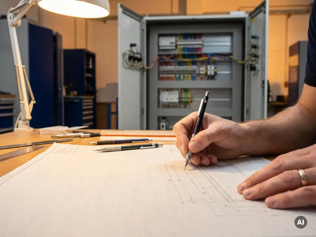 Ingenieur schetst elektrisch schakelschema op technisch tekenpapier naast een open schakelkast met kabelgoten en klemmenblokken.