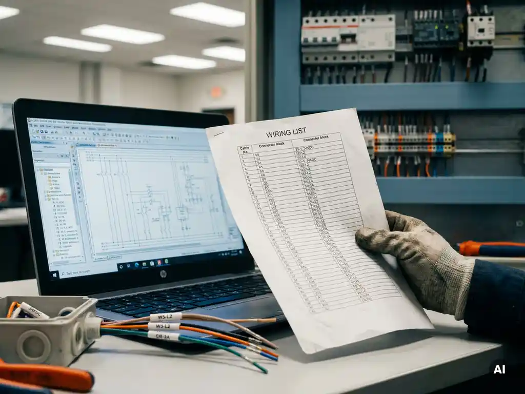 Ingenieur houdt bedrade belijstingslijst naast EPLAN-schema op technisch werkstation, met kabelmarkeringen en connectorsymbolen zichtbaar.