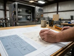 Elektrotechnisch ingenieur traceert EPLAN bedradingsschema's op tekentafel, met industriële machine op de achtergrond.