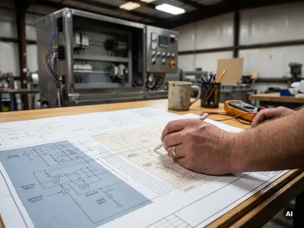 Elektrotechnisch ingenieur traceert EPLAN bedradingsschema's op tekentafel, met industriële machine op de achtergrond.