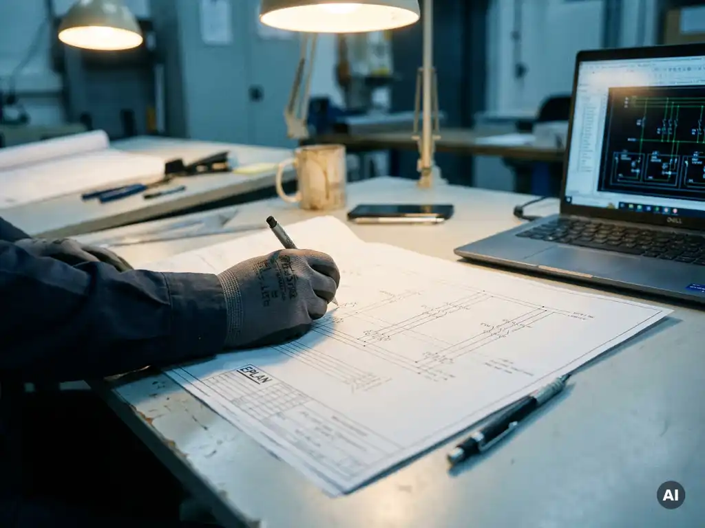 Ingenieur annoteert een gedrukt EPLAN elektrisch schema op een industriële tekentafel, met laptop en mechanisch potlood erbij.