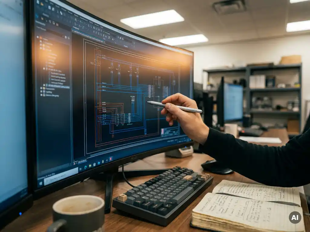 Ingenieur die met een stylus een elektrisch schakelschema bewerkt op een groot monitor, met een mechanisch toetsenbord en notitieboek op de achtergrond.