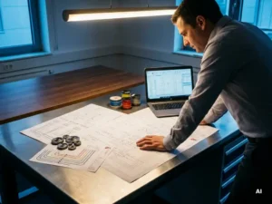 Projectmanager bekijkt EPLAN elektrische schakelschema's op een industrieel bureau met laptop en kabeldiagrammen.