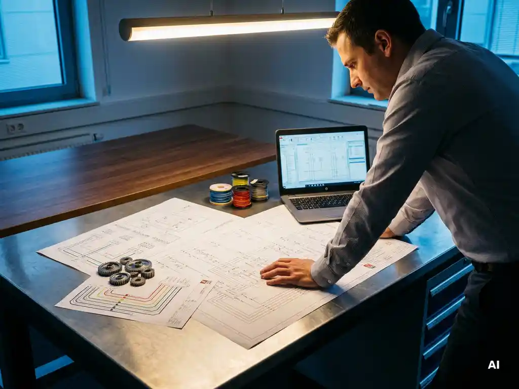 Projectmanager bekijkt EPLAN elektrische schakelschema's op een industrieel bureau met laptop en kabeldiagrammen.