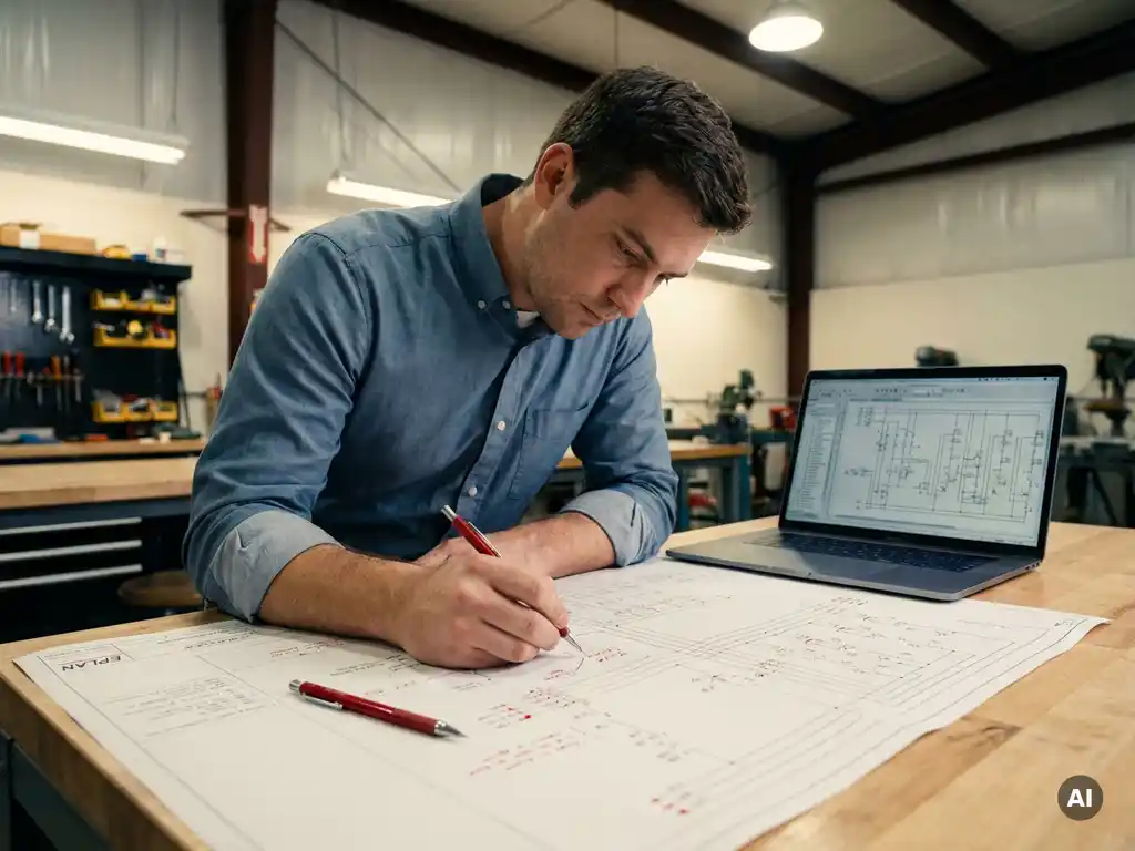 Ingenieur die revisies markeert op een EPLAN elektrisch schema, rood potlood op het vel, laptop met schakelschema's op de achtergrond.
