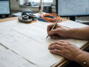 Ingenieurshanden die elektrische schakelschema's tekenen op EPLAN-diagrammen aan een technische tekentafel.