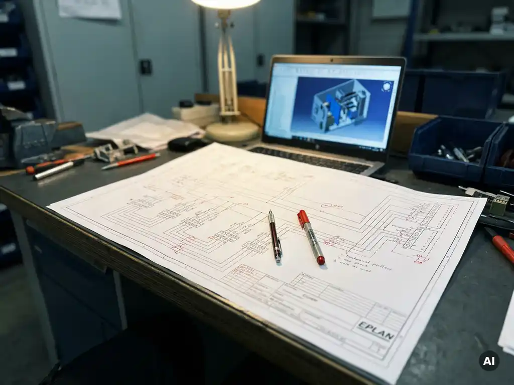 EPLAN elektrisch schema op technische werktafel met mechanisch potlood en rode correctiepen op geannoteerde schakelschema's.
