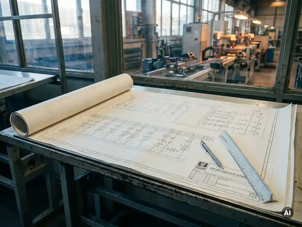 EPLAN elektrisch schema op wit papier op een stalen tekentafel, met mechanisch potlood en liniaal, productielijn op de achtergrond.