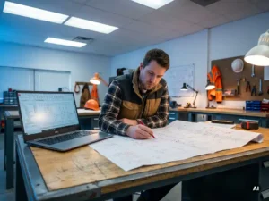Ingenieur die een elektrisch schema beoordeelt met rode markeringen, naast een laptop met EPLAN-software op een industrieel bureau.