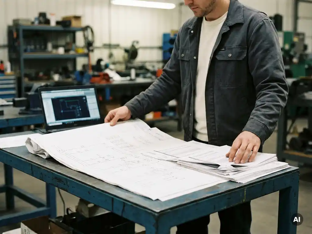 Werktuigbouwkundige spreidt elektrische bedradingsschema's en componentenspecificaties uit op stalen tekentafel met laptop in industriële werkplaats.