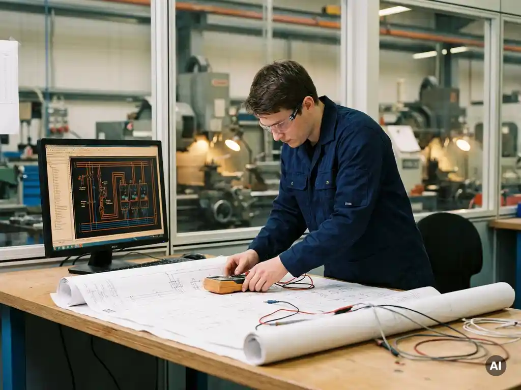 Ingenieur buigt over werkstation met elektrische schema's en EPLAN-bekabelingsdiagrammen op monitor, industriële werkplaats op achtergrond.