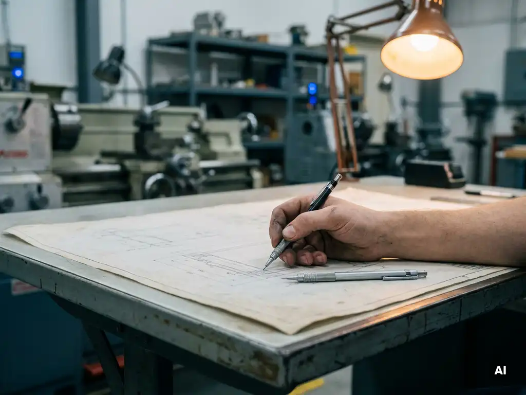 Werktuigbouwkundig ingenieur schetst circuitlijnen op technische schematekening aan stalen tekentafel, potlood en stylus naast elkaar.