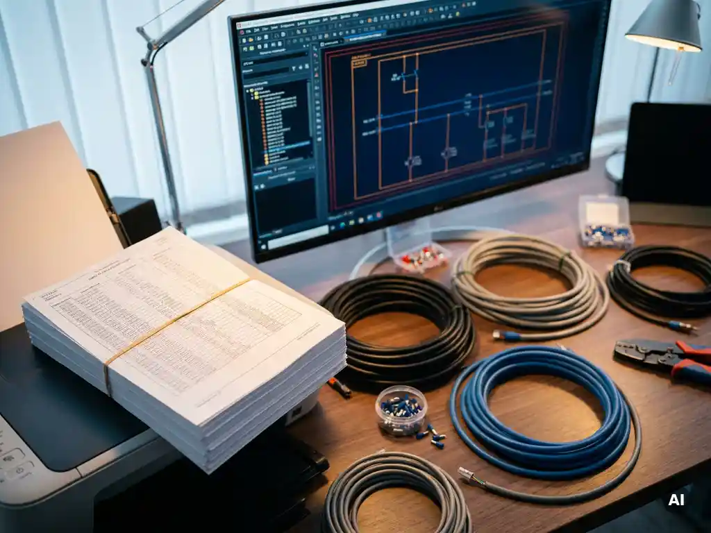 Dikke stapel uitgeprinte kabellijsten op technisch bureau met EPLAN-software op monitor, omringd door industriële kabels en adereindhulzen.