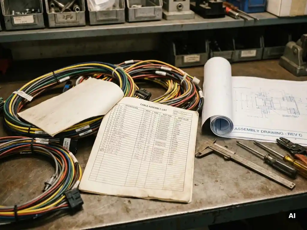Kabellijst document op technische werktafel met kleurgecodeerde bedrading, ontrold blauwdruk en precisie-gereedschap.