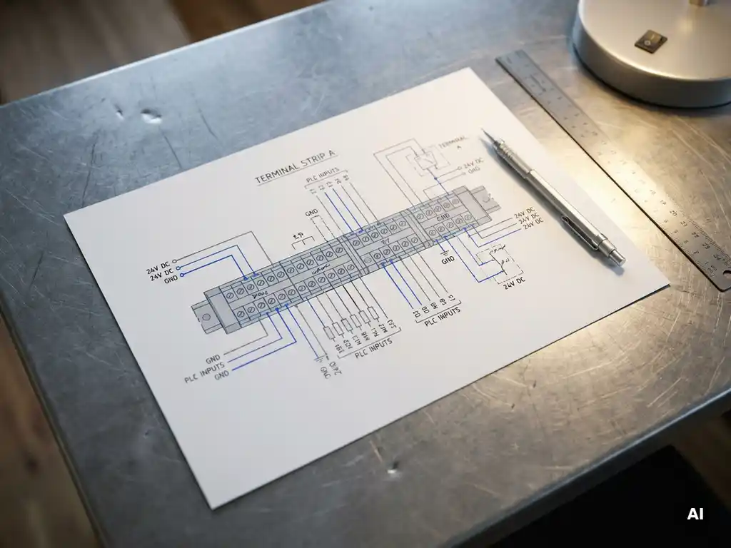 Gedetailleerd aansluitstrip-bedradingsschema op wit papier met mechanisch potlood en liniaal op stalen tekentafel.