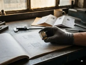 Werktuigbouwkundige houdt een klein precisierelais boven een technische maattekening op een stalen werkbank met schuifmaat en datasheets.