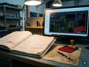 Opengeslagen technisch notitieboek met revisieaantekeningen naast een monitor met een EPLAN elektrisch schema, rood revisiestempel en mechanisch potlood op het bureau.