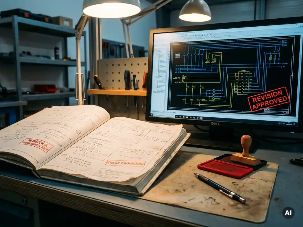 Opengeslagen technisch notitieboek met revisieaantekeningen naast een monitor met een EPLAN elektrisch schema, rood revisiestempel en mechanisch potlood op het bureau.