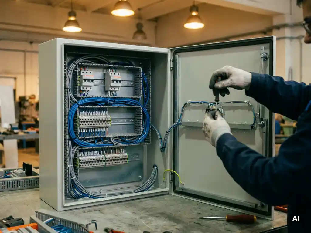 Halfgemonteerde industriële schakelkast met bedrading, klemmenblokken en installatieautomaten, terwijl een engineer componenten afstelt met precisiegereedschap.